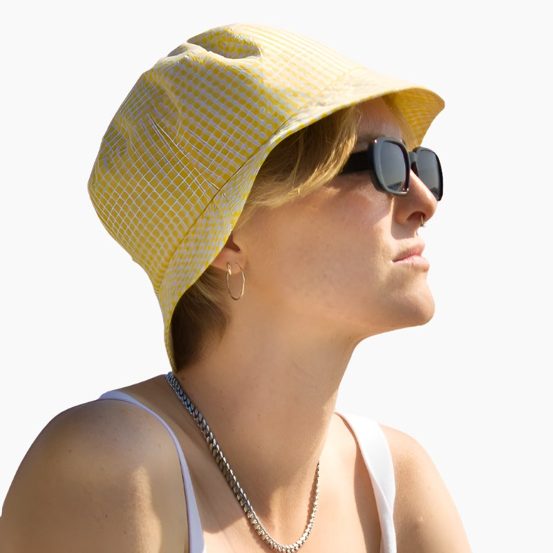 Yellow Check Bucket Cotton Bucket Hat with UPF50+ Sun Protection Built In-perfect for a day at the beach or just hanging out-made in canada by Puffin gear