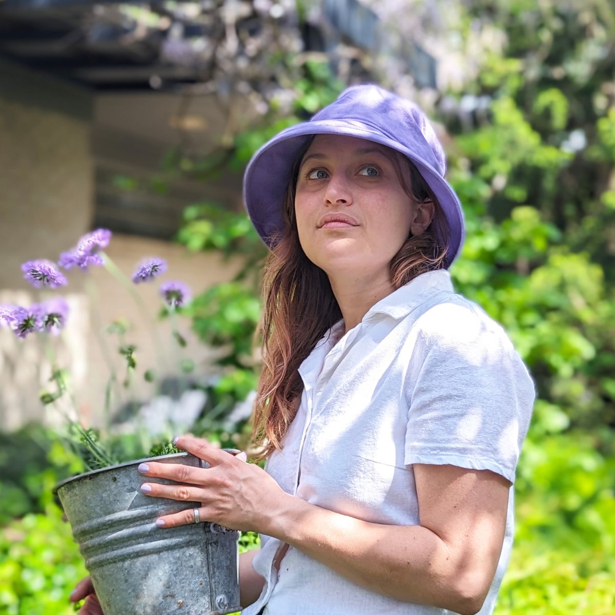 linen slouch summer hat rated upf50 excellent sun protection-lightweight linen cotton blend. brim stays put rolled up or down-made in canada by puffin gear-lavender colour