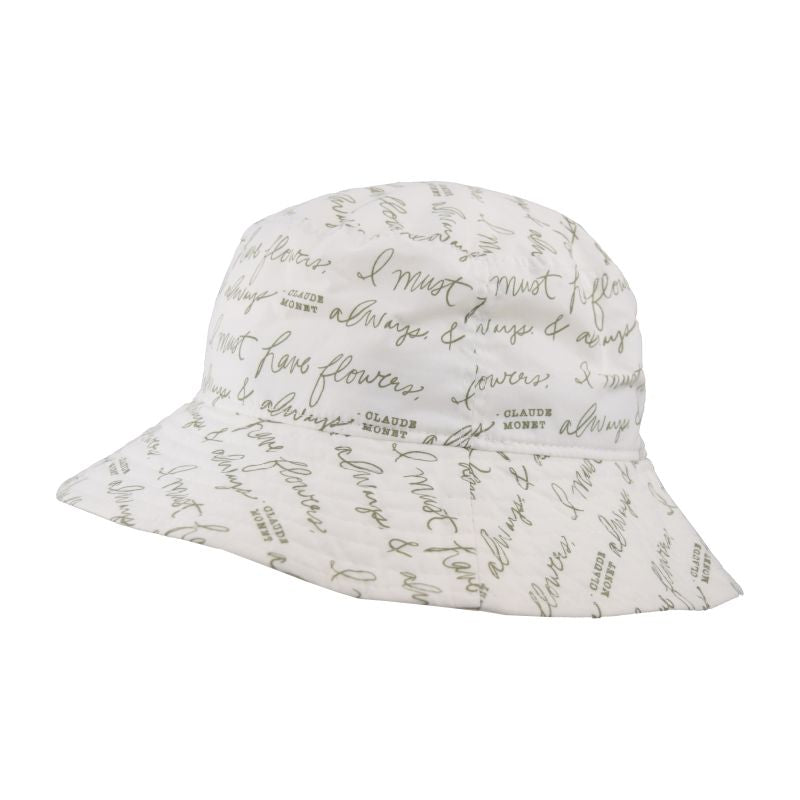 Cotton Print Crusher Sun Hat rated UPF50+ Sun Protection-Blocks at least 98% broad spectrum Harmful UVA and UVB radiation-Made in Canada by Puffin Gear-Travel Hat-Beach Hat- printed quote &#39;I Must Have Flowers, Always and Always&#39; by Claude Monet
