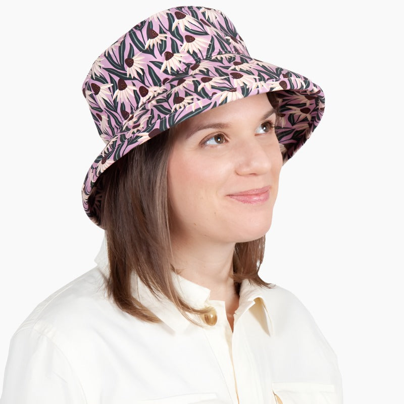 Cotton print hat with 3 " brim rolls up or down. UPF50 Sun Protection-Made in Canada- Echinacea or Coneflower Print