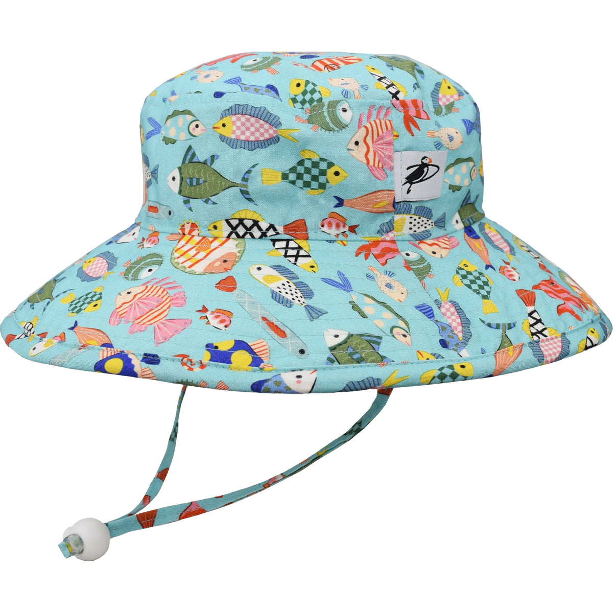 Puffin Gear Wide Brim Sunbaby Sun Hat with Chin Tie-UPF50+ Sun Protection-Made in Canada-Bright coloured coral reef fish swim happily about