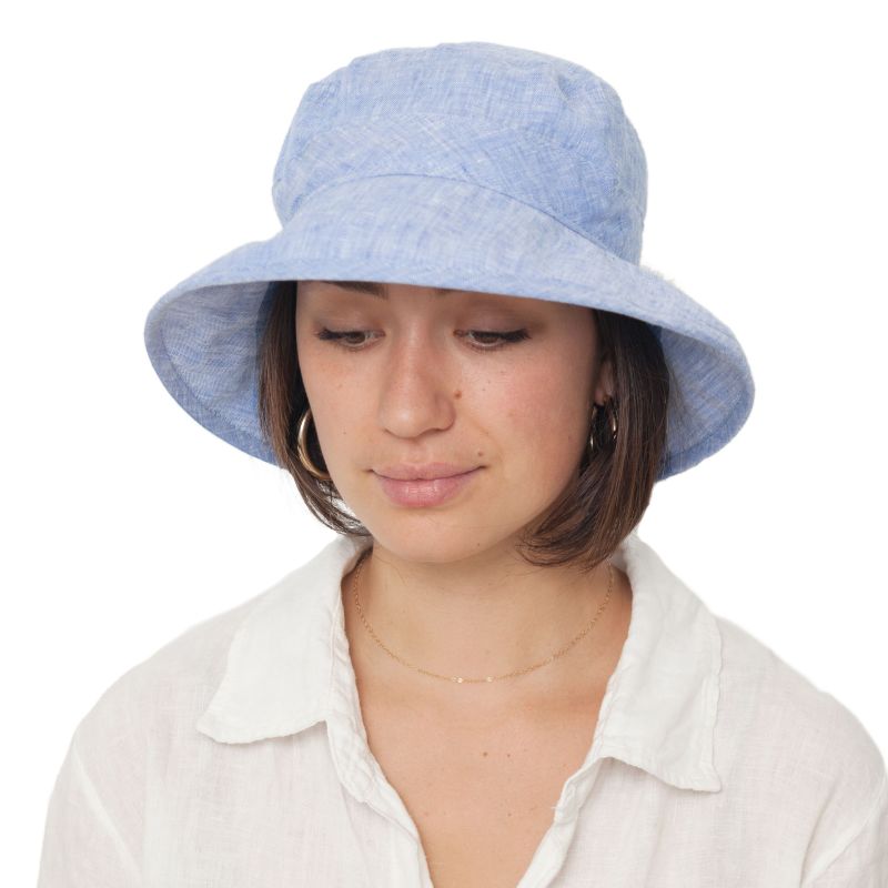 Linen chambray 3 inch brim bowler hat-upf50+ excellent sun protection-made in canada by puffin gear-indigo blue hat