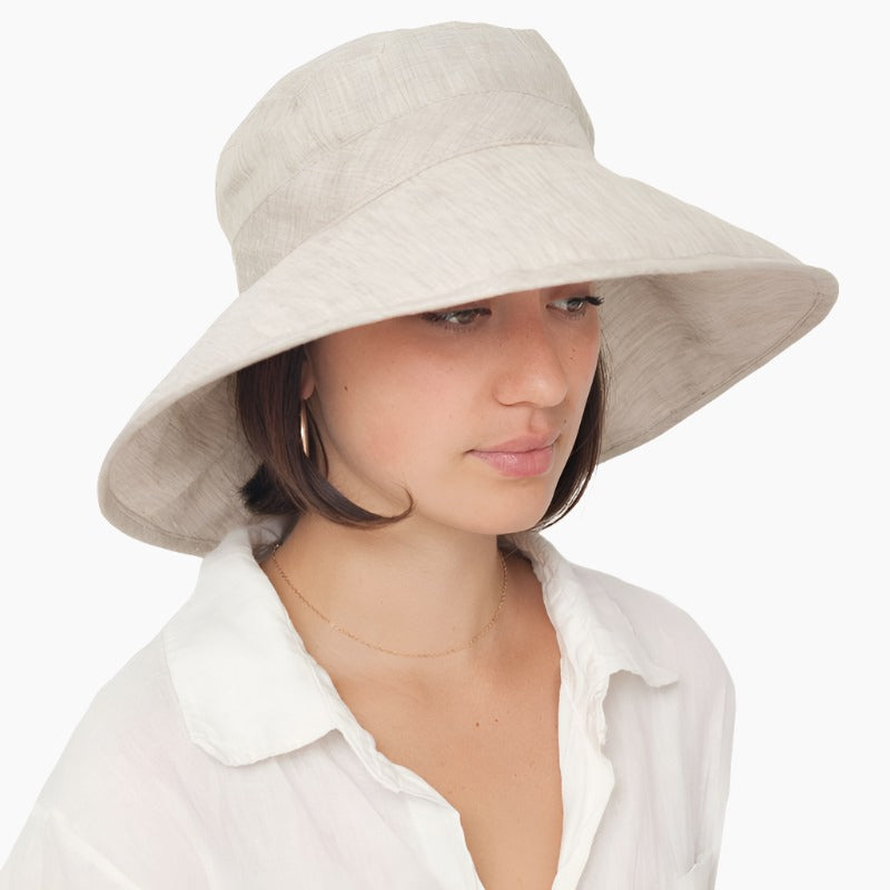 4.5 inch wide brim sun protection hat-light weight linen chambray- wired brim doesn't flop-made in canada by puffin gear-upf50+ excellent sun protection