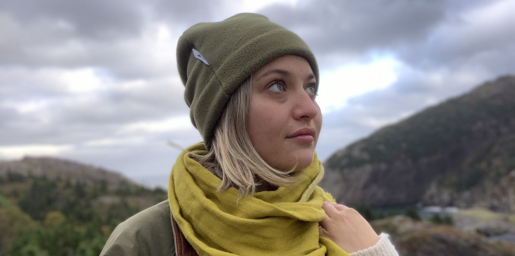 Polartec Classic 200 Series Fleece Toque paired with a linen-wool scarf. Made by puffin Gear in Canada-Trinity Newfoundland.