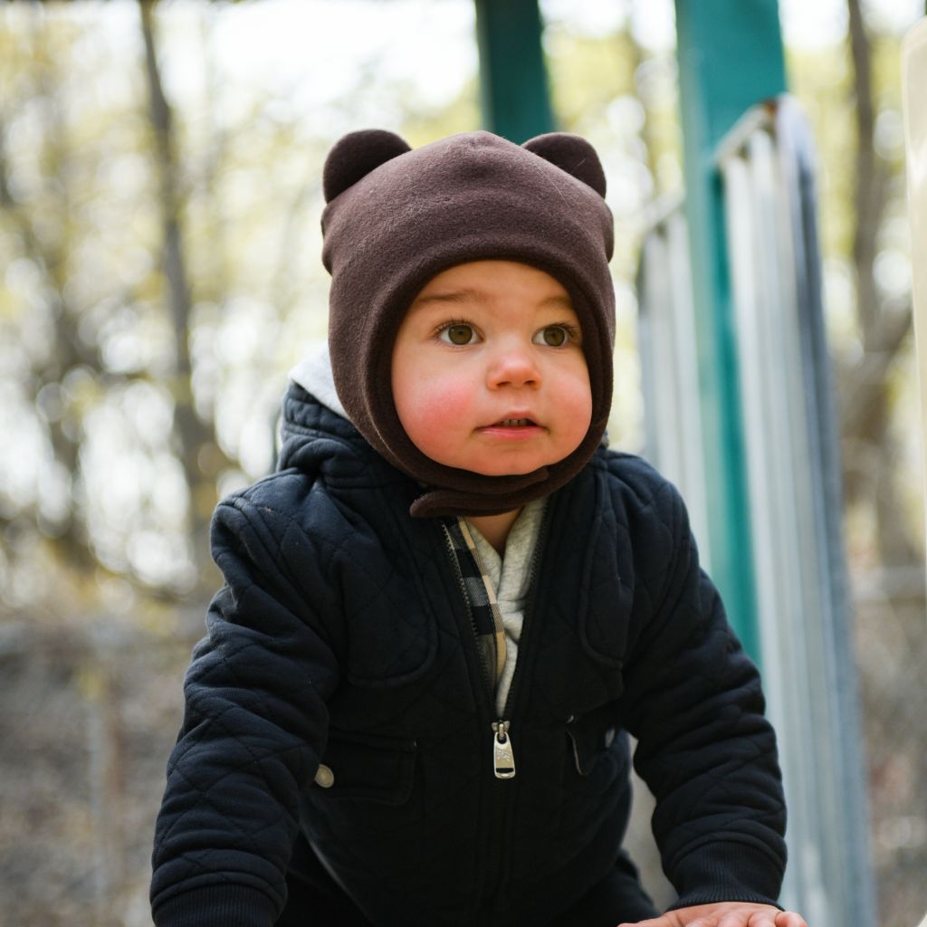 Puffin Gear Kids Fleece Hats and Neckwarmers - Polartec - Made for long hours of outdoor play-adorable bear hat with chinwrap-made in canada