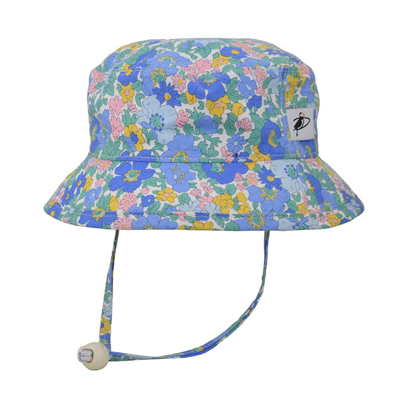 Child Camp Sun Hat-Upf50+ Excellent Sun Protection-Chin Tie  with Adjustable Cord Lock-Made in Canada-Liberty of London Blue Flower Show Print