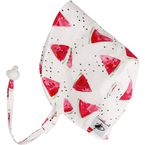Infant and Toddler Sun Bonnet-UPF50-Chin Tie with Cord Lock and Safety Break Away Clip-Made in Canada by Puffin Gear-Watermelon Print
