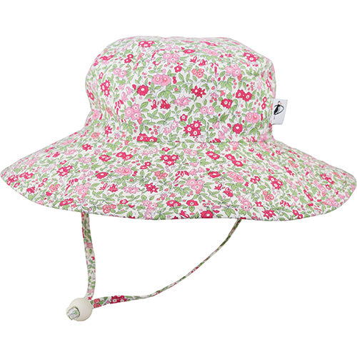 Child Wide Brim Sunbaby Hat with Chin Tie, Cord Lock-Rated UPF50+-Made in Canada by Puffin Gear-Liberty of London Flower Show Pink