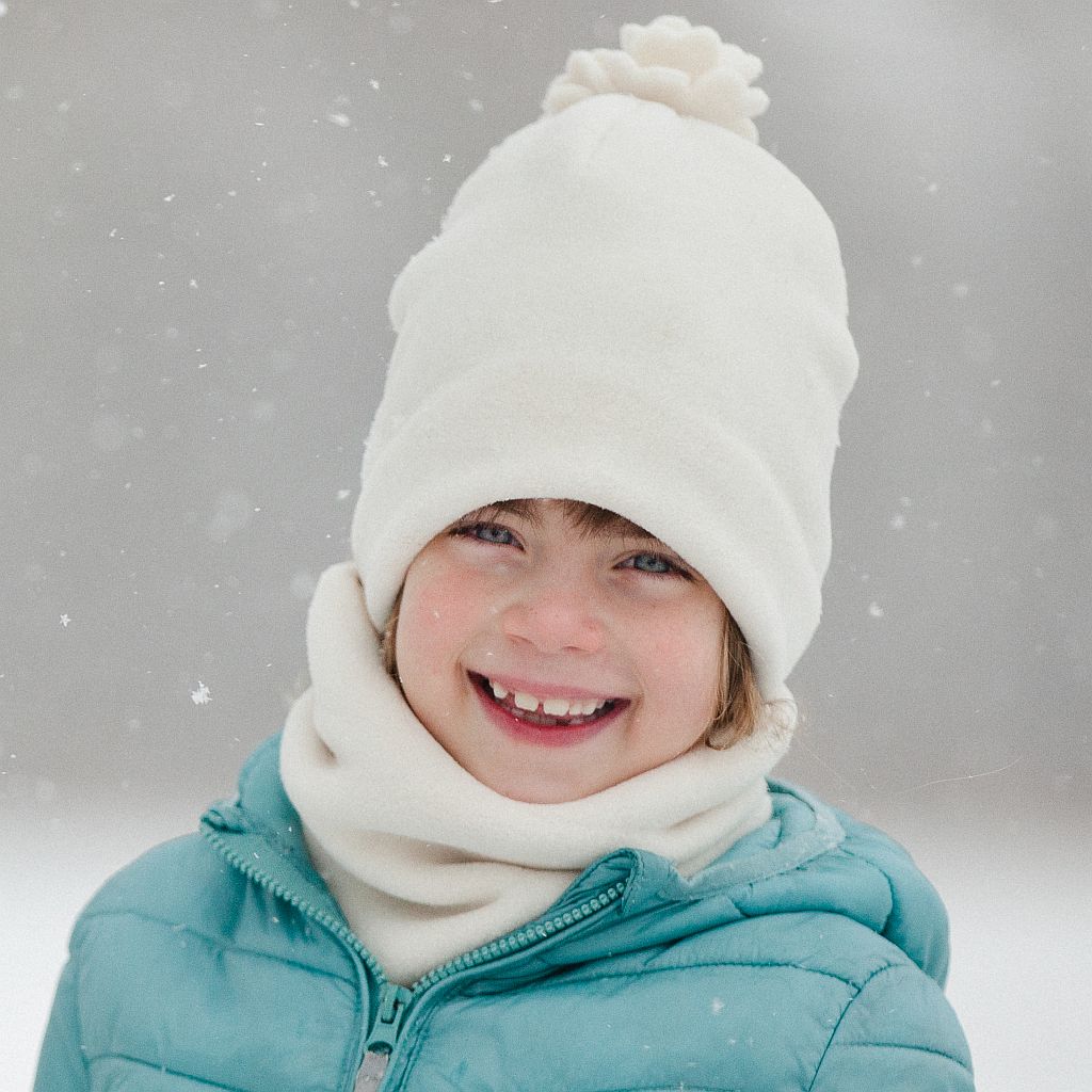 Polartec Classic 200 Series Kids Pompom Toque and Neck warmer for Cold weather play. Made in Canada by Puffin Gear