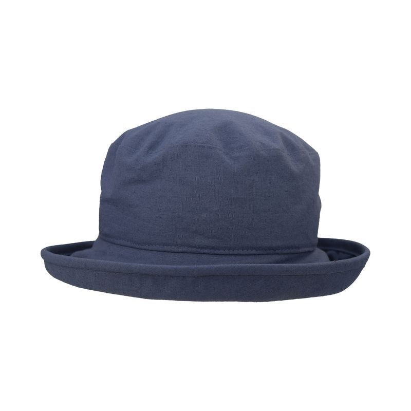 Ladies Summer Hat-clothesline linen slouch hat is easy wearing sun protection that won&#39;t wear off-UPF50+ excellent -denim-made in canada by puffin gear