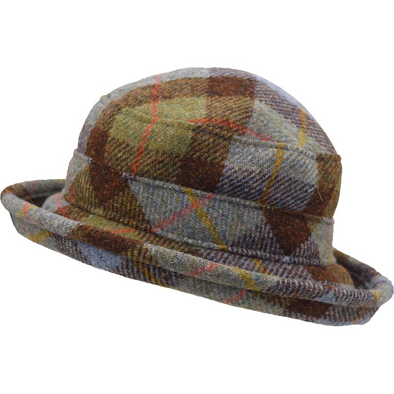 Harris Tweed Derby Hat-Brimmed hat for fall winter.  Lodge Plaid in beautiful tones of copper, blue and moss.-Made in Canada by Puffin Gear