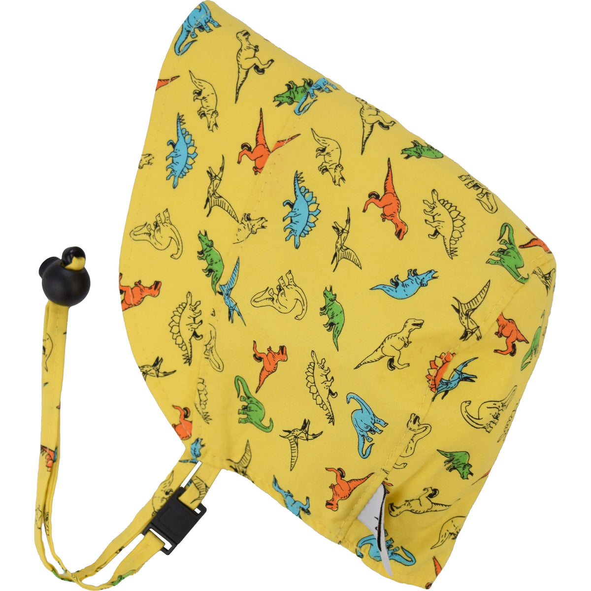 Infant and Toddler Sun Protection  Summer Bonnets with UPF50 Sun Protection. A chin tie with toggle and break away clip keep bonnet safely on head. Made in Canada by Puffin Gear -Dinosaur Print