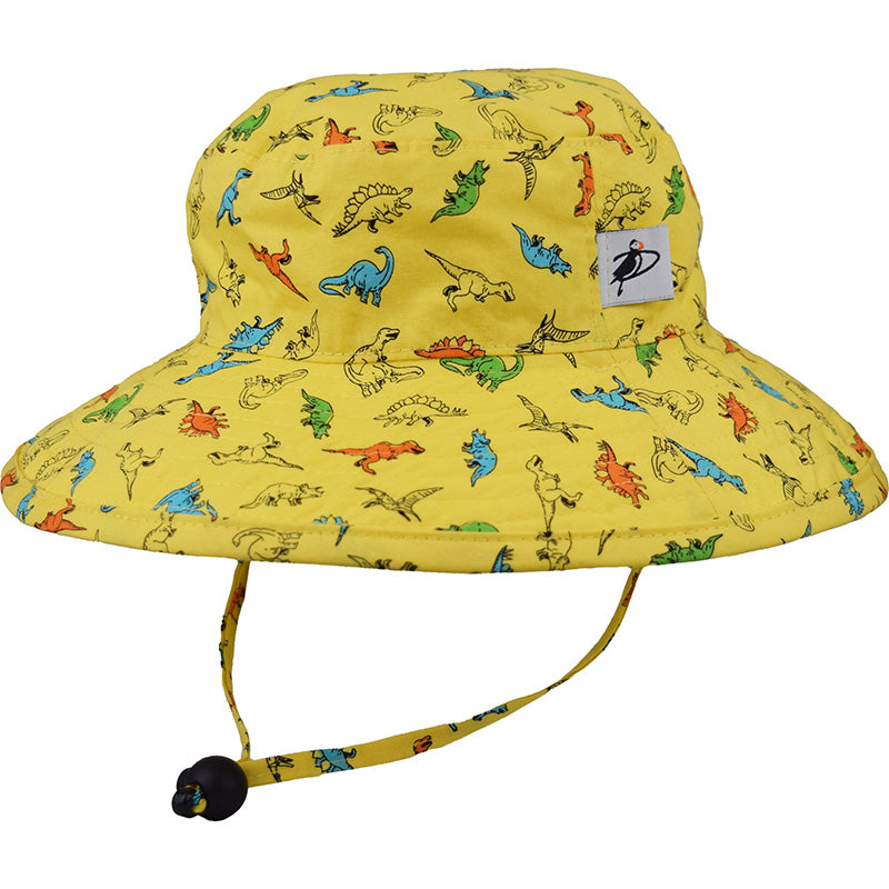 Puffin Gear Wide Brim Sunbaby Sun Hat with Chin Tie-UPF50+ Sun Protection-Made in Canada-Dinosaur print on Yellow Background