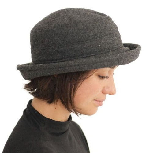 Puffin Gear Melton Wool Winter Bowler Hat-Made in Canada-Charcoal-three inch brim provides winter sun protection for face