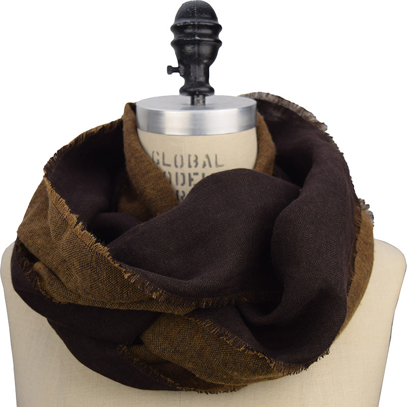 linen wool blend scarf in bark brown and copper-made in canada-warm scarf for cool evenings