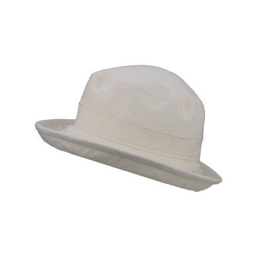 Patio Linen Bowler with 3 inch brim, UPF50 Sun Protection, Linen has rich texture and patina-Made in Canada-ivory hat