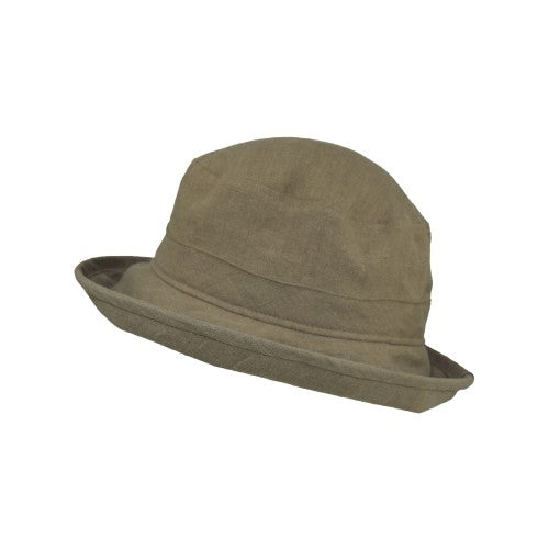 Patio Linen Bowler with 3 inch brim, UPF50 Sun Protection, Linen has rich texture and patina-Made in Canada-olive green hat