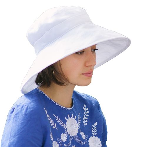 Women Linen Summer Hat Rolled Brim off White Wide Upturned Brim