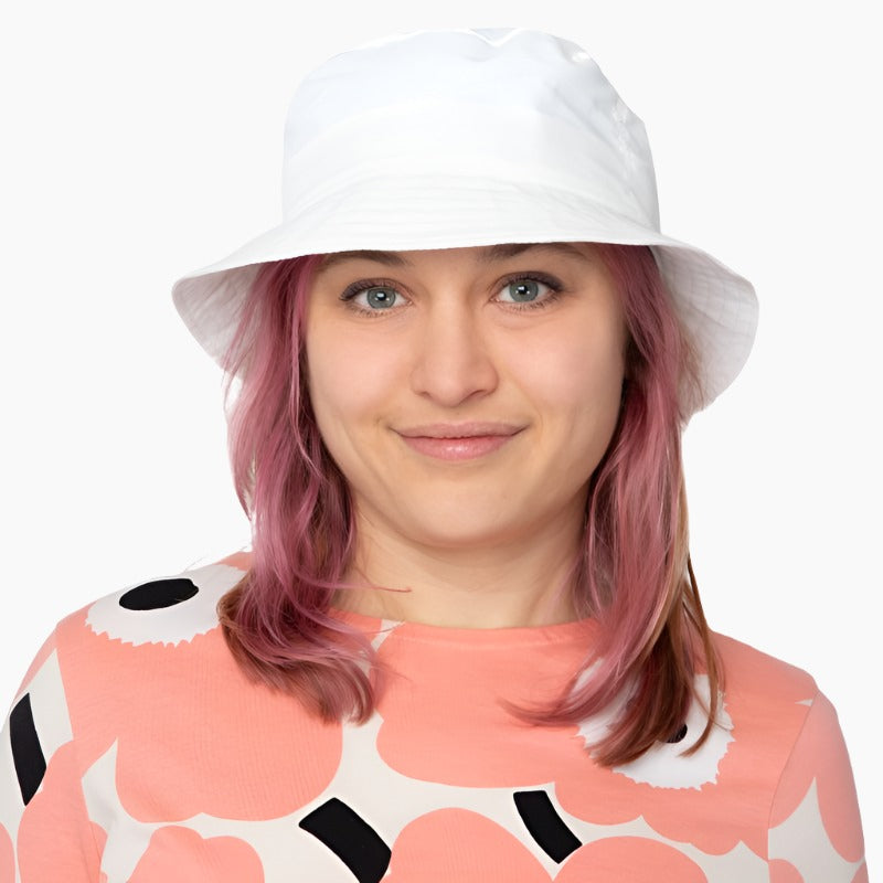 Quick dry nylon bucket hat with upf50 rated sun protection, made in canada by puffin gear, crushable hat perfect for keeping in your bag. made in canada by puffin gear. white sun hat