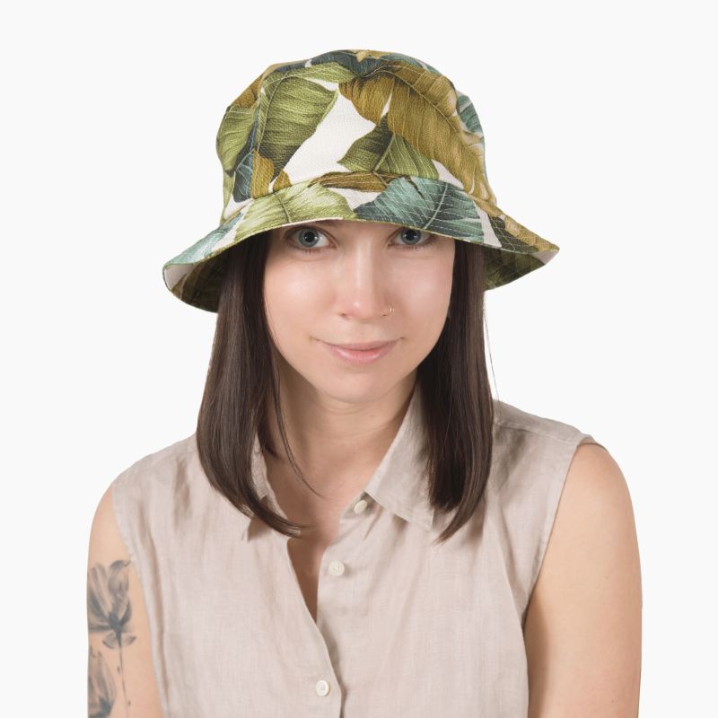 vintage japanese barkcloth bucket hat-retro mid 20th century lush tropical palm print-upf50 sun protection-resort ready-crushable-made in canada by puffin gear