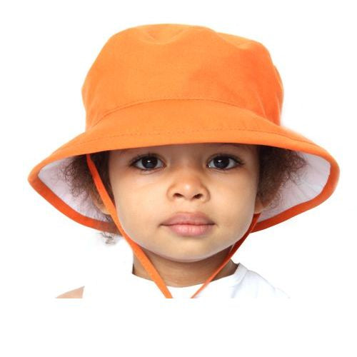 organic cotton kids camp hat with chin tie, cordlock and safety break away clip-made in canada by puffin gear-orange peel