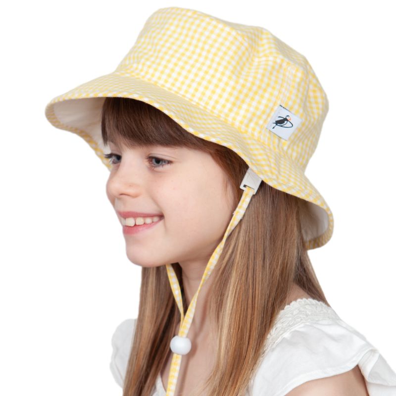 Child and Toddler Camp Hat with Chin  Tie, Cordlock and Safety Break Away Clip-Made in Canada by Puffin Gear-UPF50 Excellent Sun Protection-Yellow and White Check