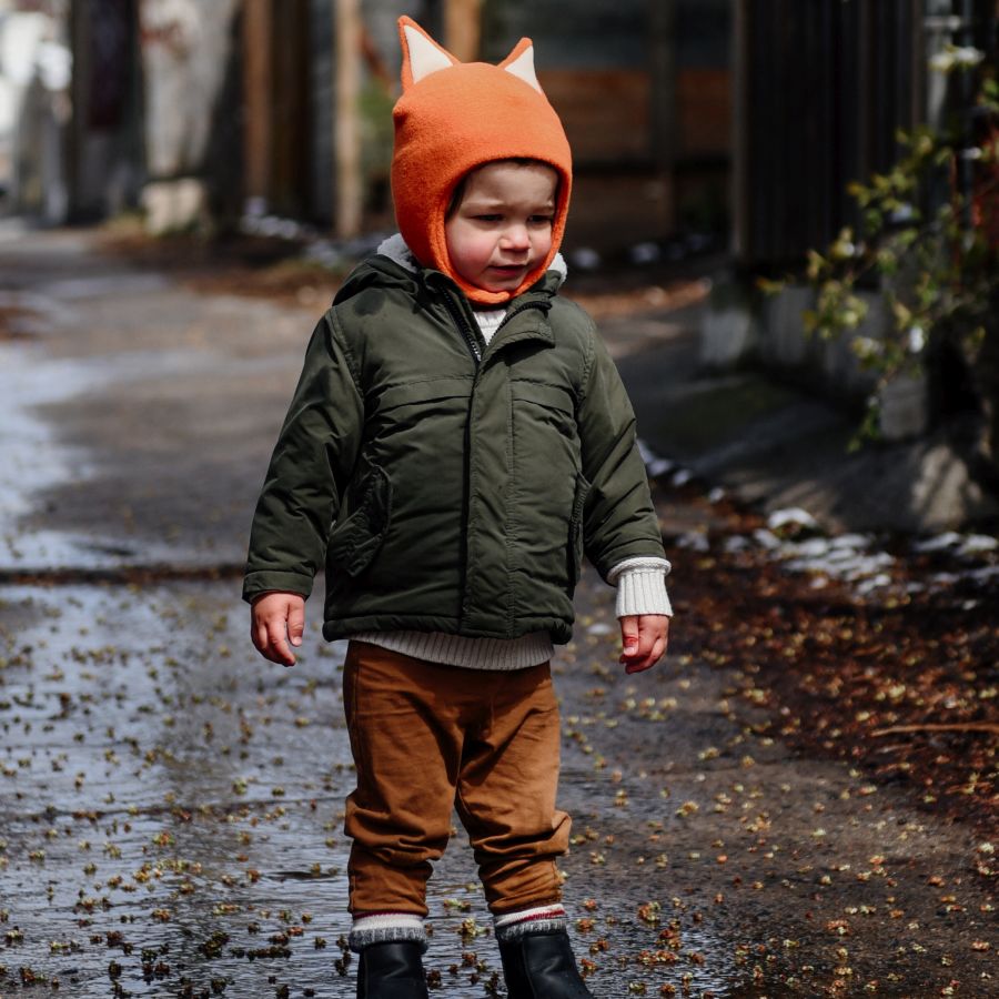 Polartec Fleece Child Fox Hat with Chinrap to keep out the wind-warm and quick dry for outdoor winter play-Made in Canada by puffin gear