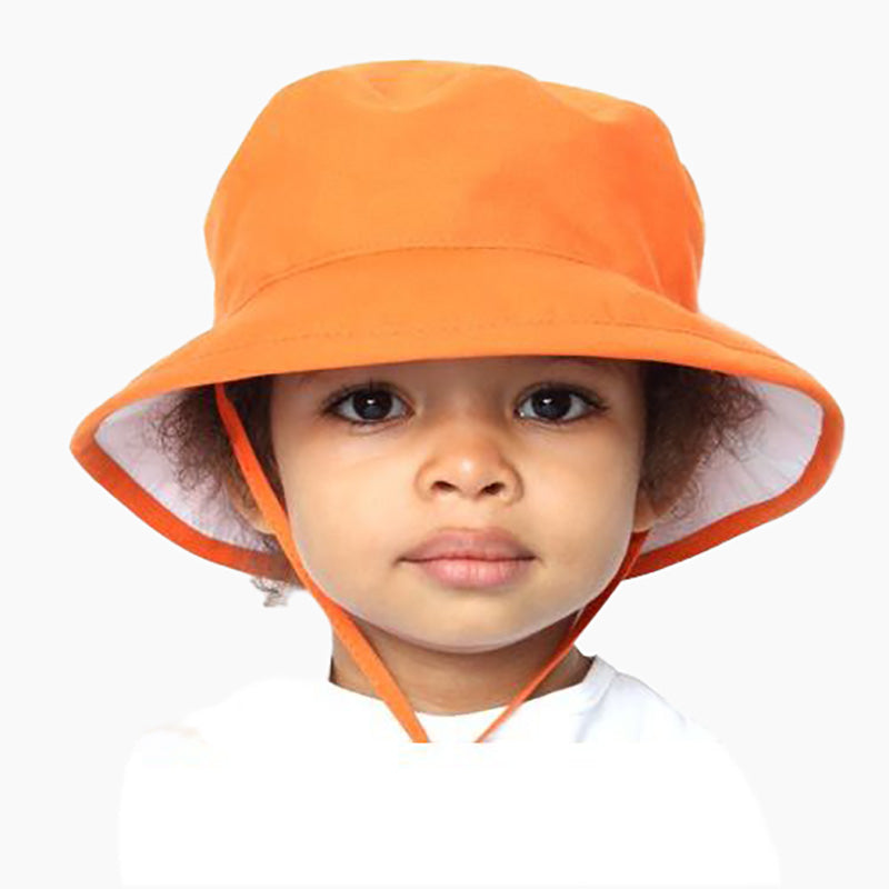 organic cotton kids camp hat with chin tie, cordlock and safety break away clip-made in canada by puffin gear-orange peel