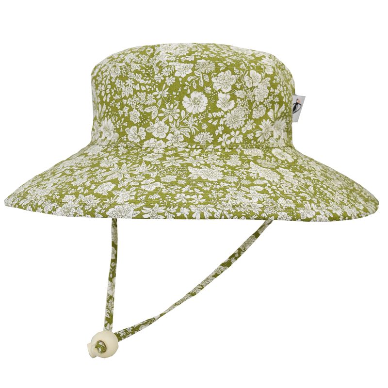 Liberty of London Emily Belle Floral in Green-Child Wide Brim Sunbaby Hat with Chin Tie, Cord Lock, and break away clip. Rated UPF50 + Excellent Sun Protection-Made in Canada by Puffin Gear