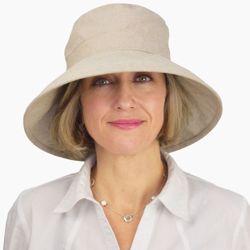 Clothesline Linen Wide Brim Garden Hat with four inch brim-UPF50 + Excellent Sun Protection-Packs flat-Made in Canada by Puffin Gear-Natural Colour