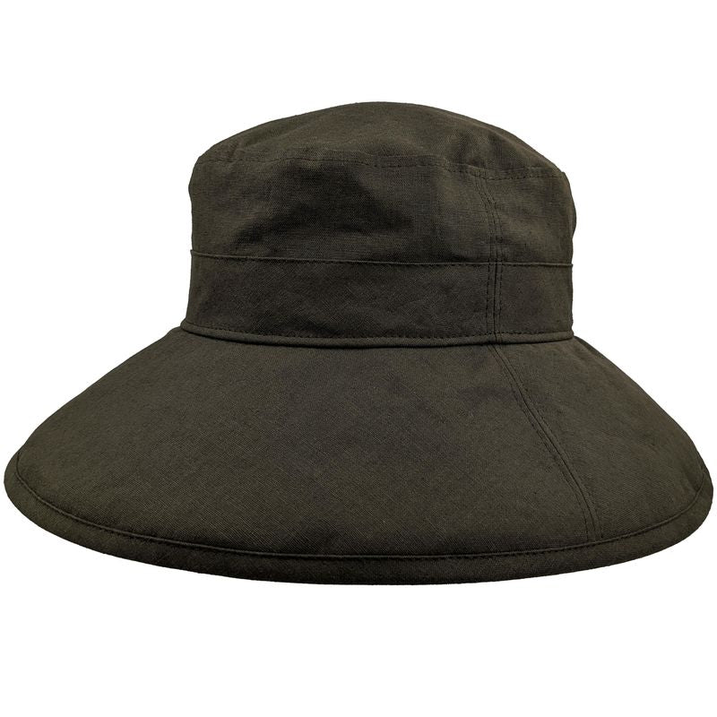 Olive green wide-brimmed sun hat on a white background