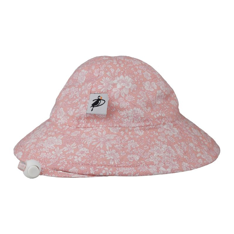 Infant Brimmed Sunbeam Hat Rated UPF50 Sun Protection, Cord Lock with Safety Breakaway Clip-Made in Canada by Puffin Gear-Liberty of London-Emily Belle-Pink Floral