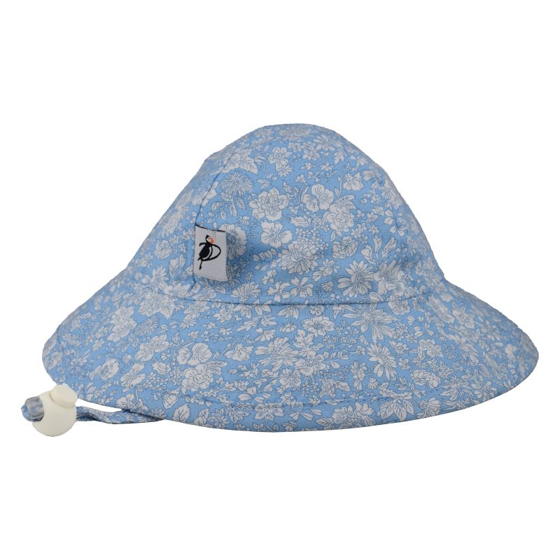 Infant Brimmed Sunbeam Hat Rated UPF50 Sun Protection, Cord Lock with Safety Breakaway Clip-Made in Canada by Puffin Gear-Liberty of London-Emily Belle-Sky Blue Floral 