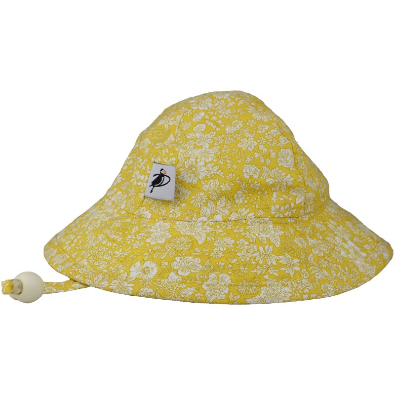 Infant Brimmed Sunbeam Hat Rated UPF50 Sun Protection, Cord Lock with Safety Breakaway Clip-Made in Canada by Puffin Gear-Liberty of London-Emily Belle-Sunshine Yellow Floral Print