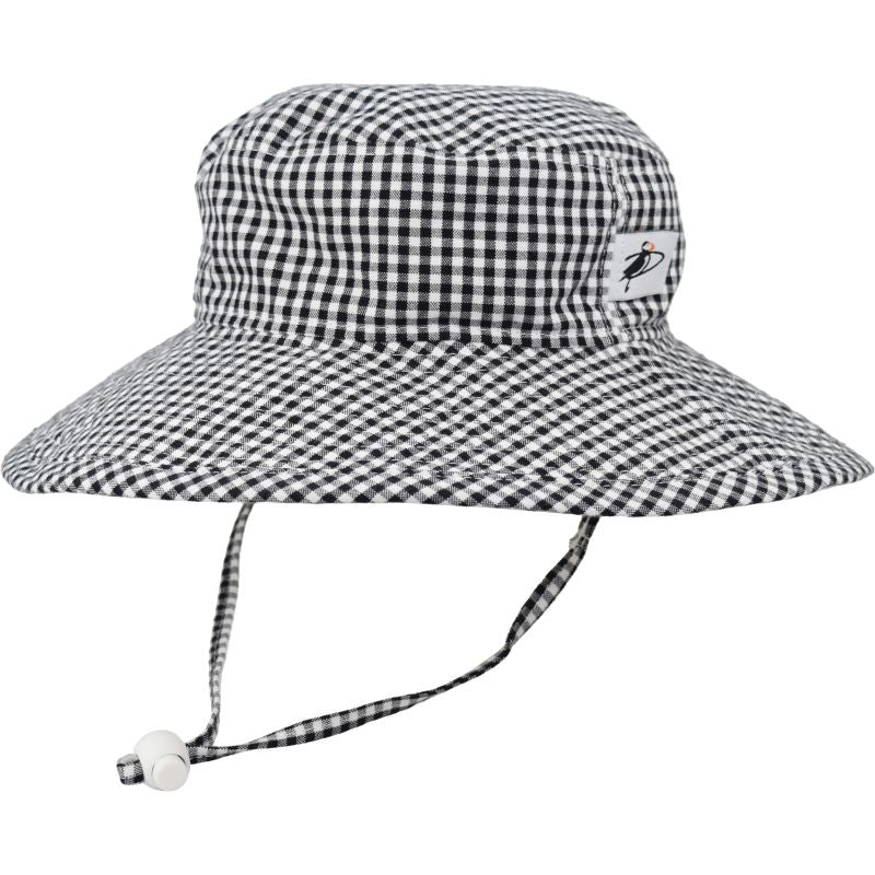 Wide Brim Child and Toddler Sun Hat-Chin Tie with Cord Lock and Safety Break Away Clip-UPF50+ Sun Protection-Made in Canada by Puffin Gear-Black and White Check