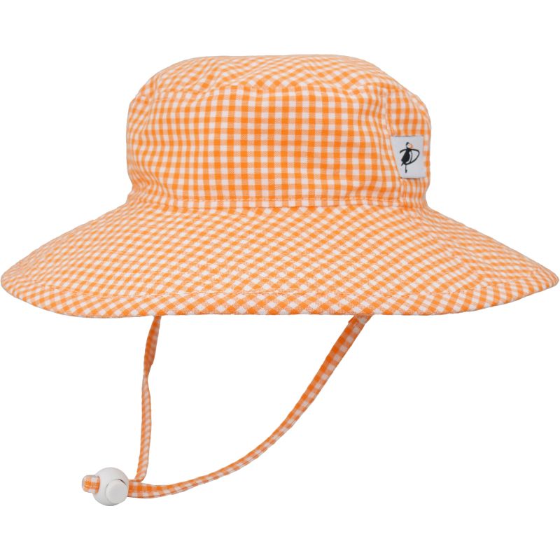 Wide Brim Child and Toddler Sun Hat-Chin Tie with Cord Lock and Safety Break Away Clip-UPF50+ Sun Protection-Made in Canada by Puffin Gear-Orange  Yarn Diyed Check