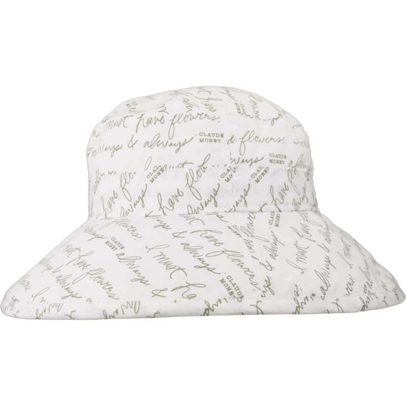 Cotton Print  Wide Brim Garden Hat with UPF50+ Excellent Sun Protection-Rose Garden Print-Made in Canada  by Puffin Gear- garden hat with claude monet quote &#39;I must have flowers, always and always&#39;&#39;-olive green text on white cotton