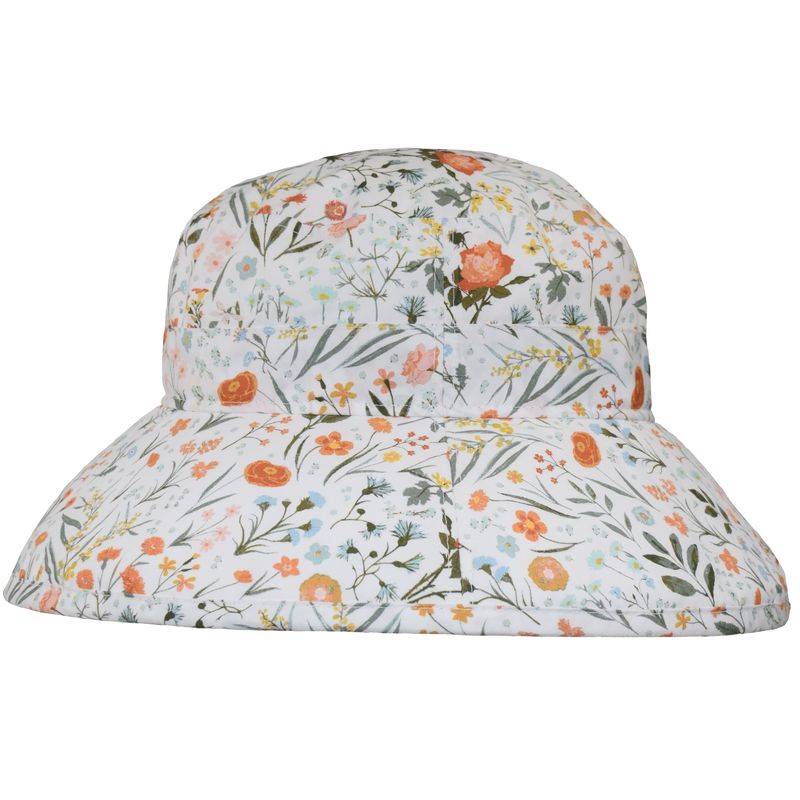 Wide Brim Gardening Hat in a delicate meadow floral print. lightweight okeotex certified cotton-upf50 + rating blocking at least 98% UVA and UVB radiation. four inch wide brim doesn&#39;t flop perfect for gardening or sight seeing. made in canada by puffin gear.