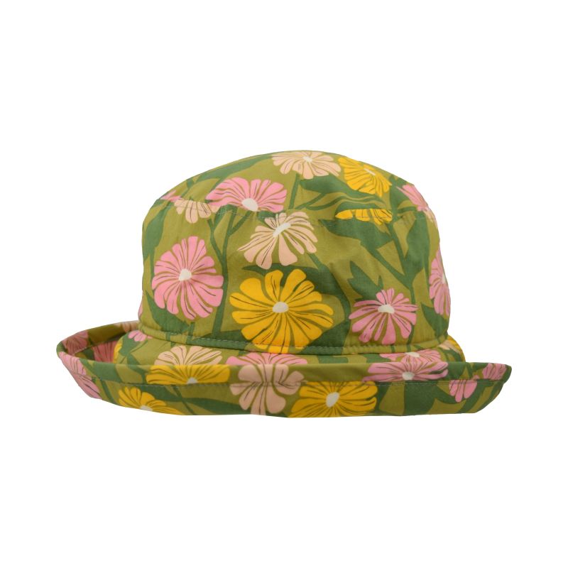 Cotton print hat with 3 &quot; brim rolls up or down. UPF50 Sun Protection-Made in Canada- Modern garden bloom print hat