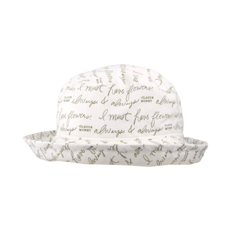 Cotton print hat with 3 &quot; brim rolls up or down. UPF50 Sun Protection-Made in Canada- Printed quote by Claude Monet  &#39;I Must Have Flowers, Always and Always&#39; 