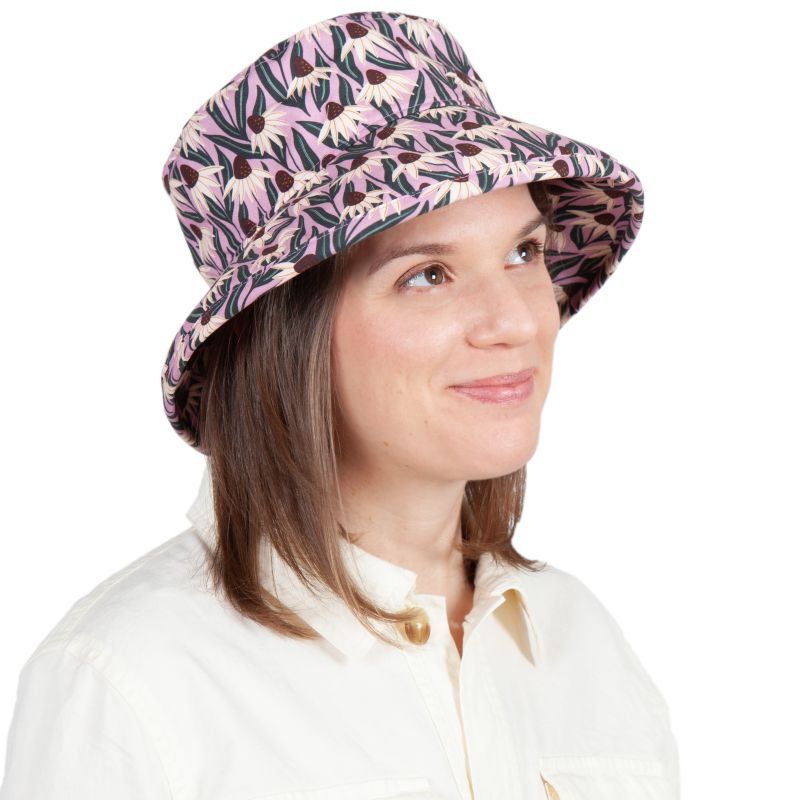 Cotton print hat with 3 " brim rolls up or down. UPF50 Sun Protection-Made in Canada- Echinacea or Coneflower Print