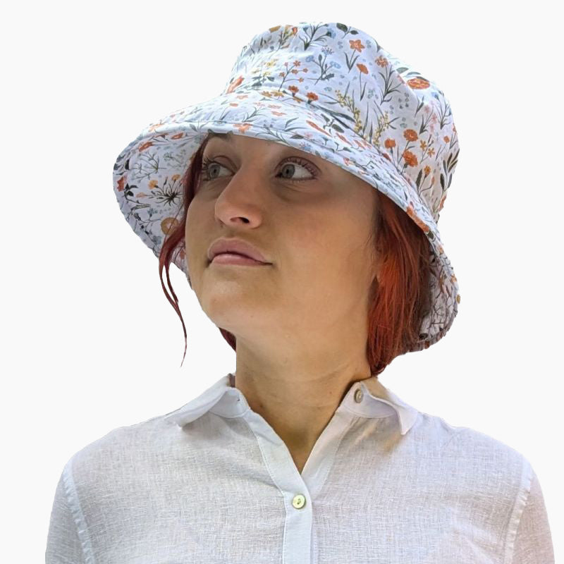 Cotton Pring Bowler hat with three inch wired brim that stays put up or down-UPF50 sun protection rating.  pretty meadow print-okeotex certified cotton-made in canada by puffin gear