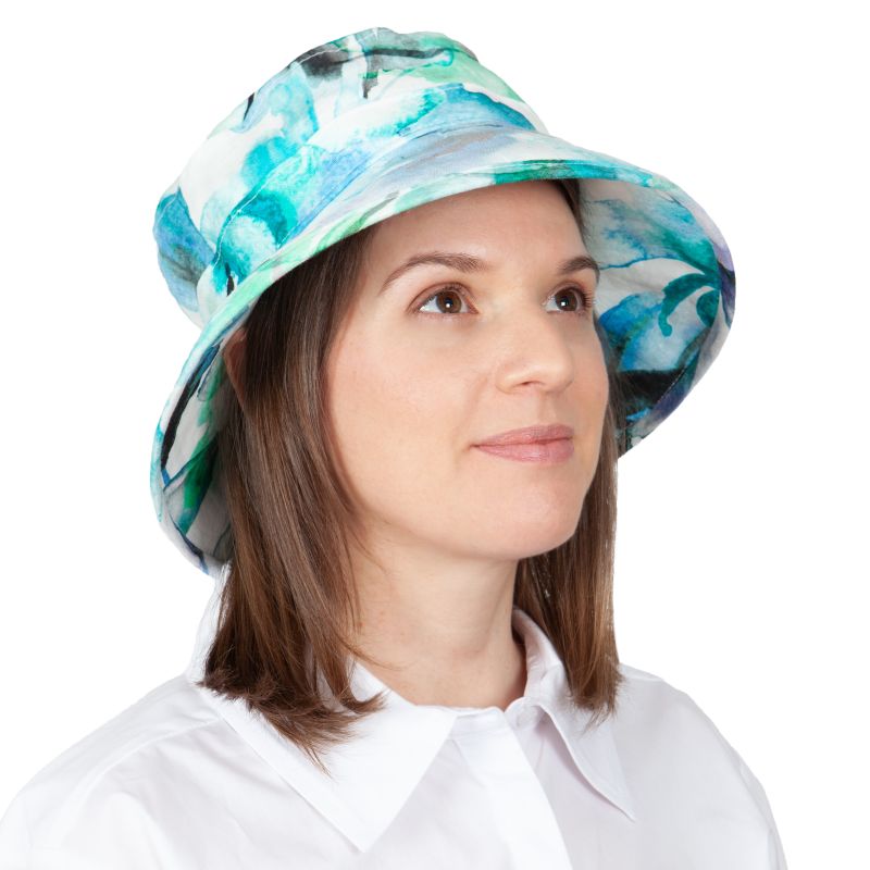 Printed linen 3 inch brim sun protection hat-watercolour print in seaside colours-Made in canada by Puffin gear-UPF50 Sun Proteciton-Pool Print
