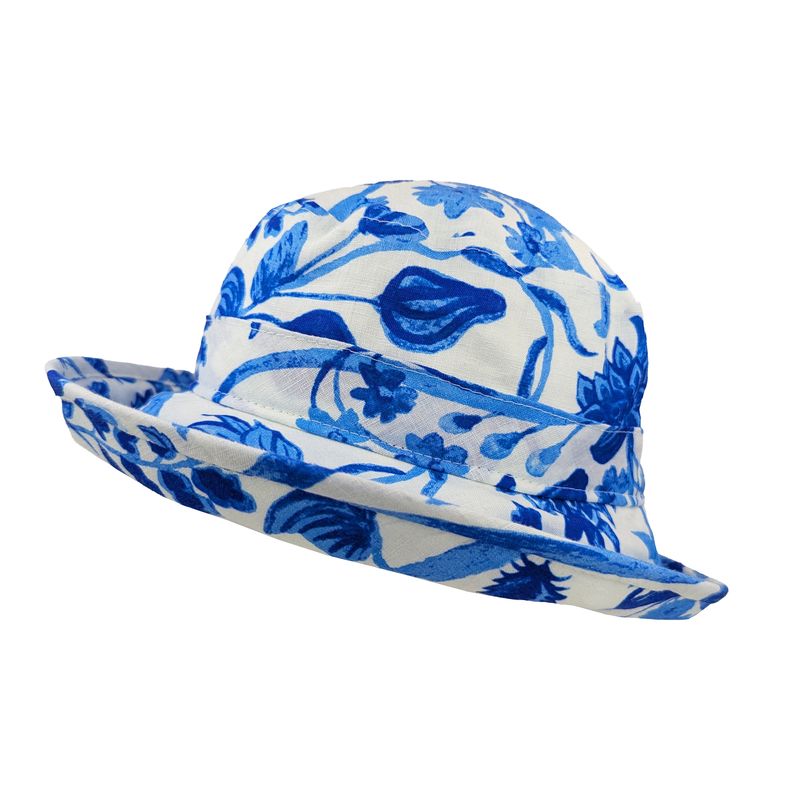 Blue and  White Floral linen hat rated UPF50 Sun Protection-made in Canada by Puffin Gear - perfect for an afternoon garden party