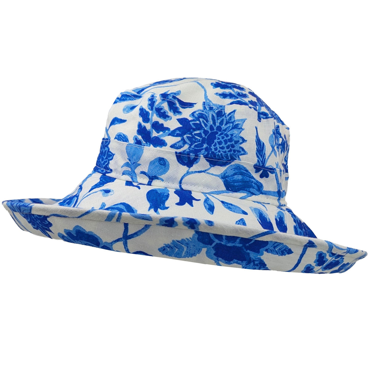 Mediterranean seaside patio blue floral print-lightweight linen wide brim hat rated upf50 sun protection-made in Canada by Puffin Gear-Garden Party