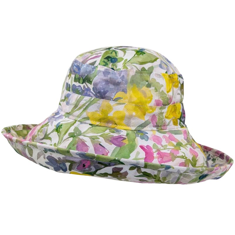Pastel floral printed linen wide brim hat-lightweight UPF50 sun protection-made in Canada by Puffin Gear-Painter's Garden