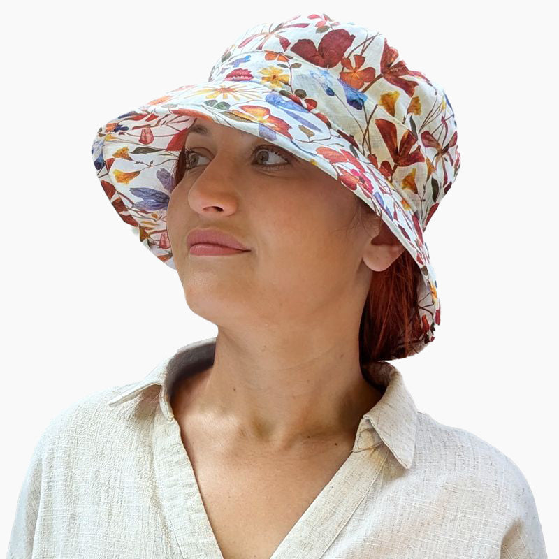 Linen Wild Flower Print Brimmed Sun hat - 3 inch easy wearing brim-UPF50+ Excellent Sun Protection-Lightweight-Packs Flat-Made in Canada by Puffin Gear