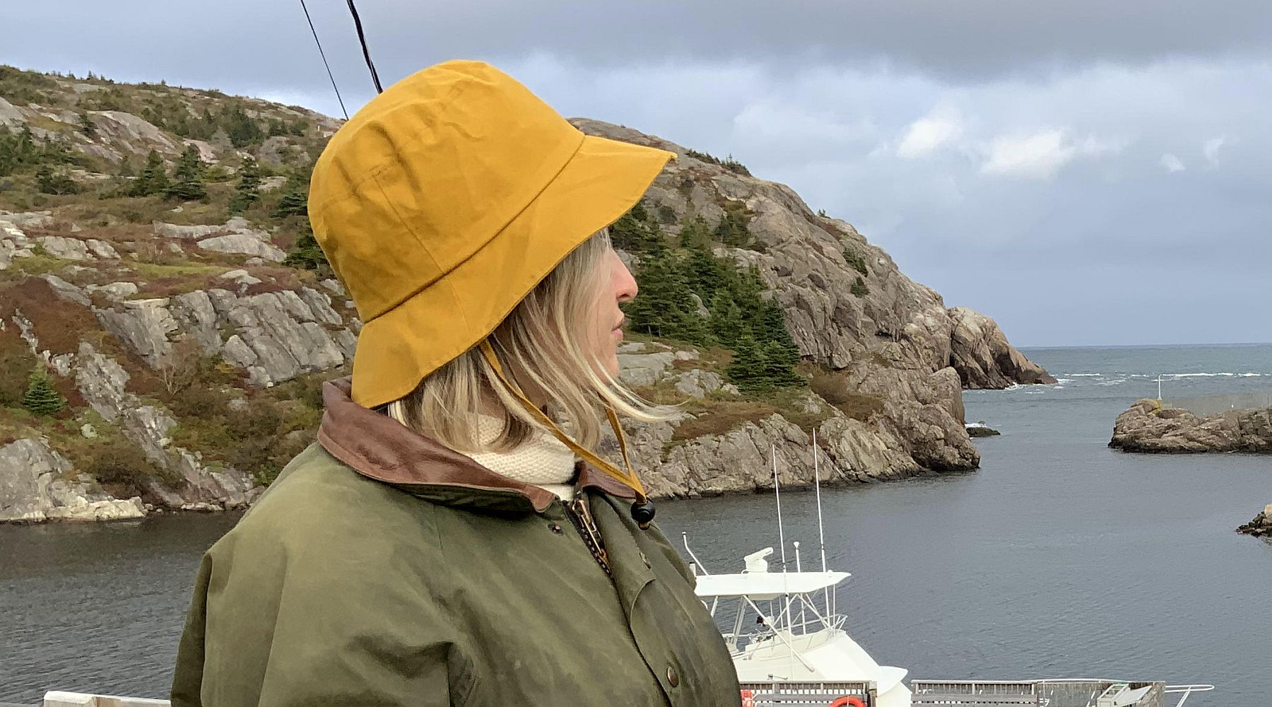 Dry Oilskin or Wax Cotton Rain hats with wind lanyard. beautiful patina of traditional oilskin-made in canada for canadian weather-trinity newfoundland