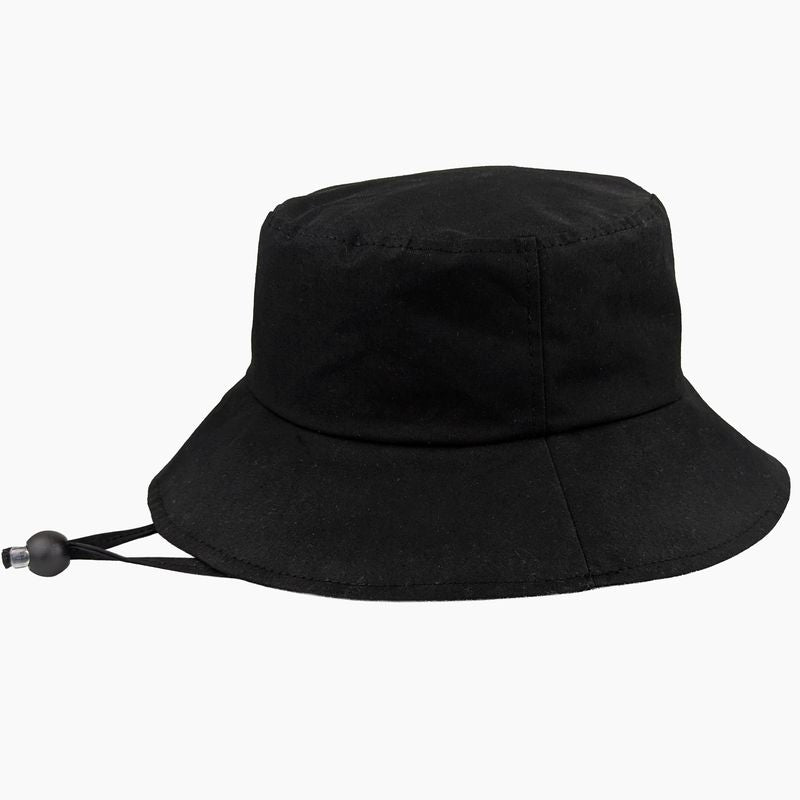 Black oilskin rain hat with wind landyard made in canada by puffin gear