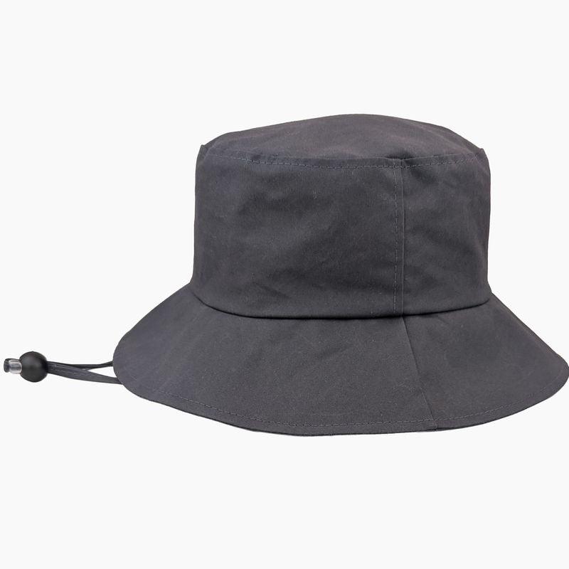 Grey oilskin rain hat with wind landyard made in canada by puffin gear